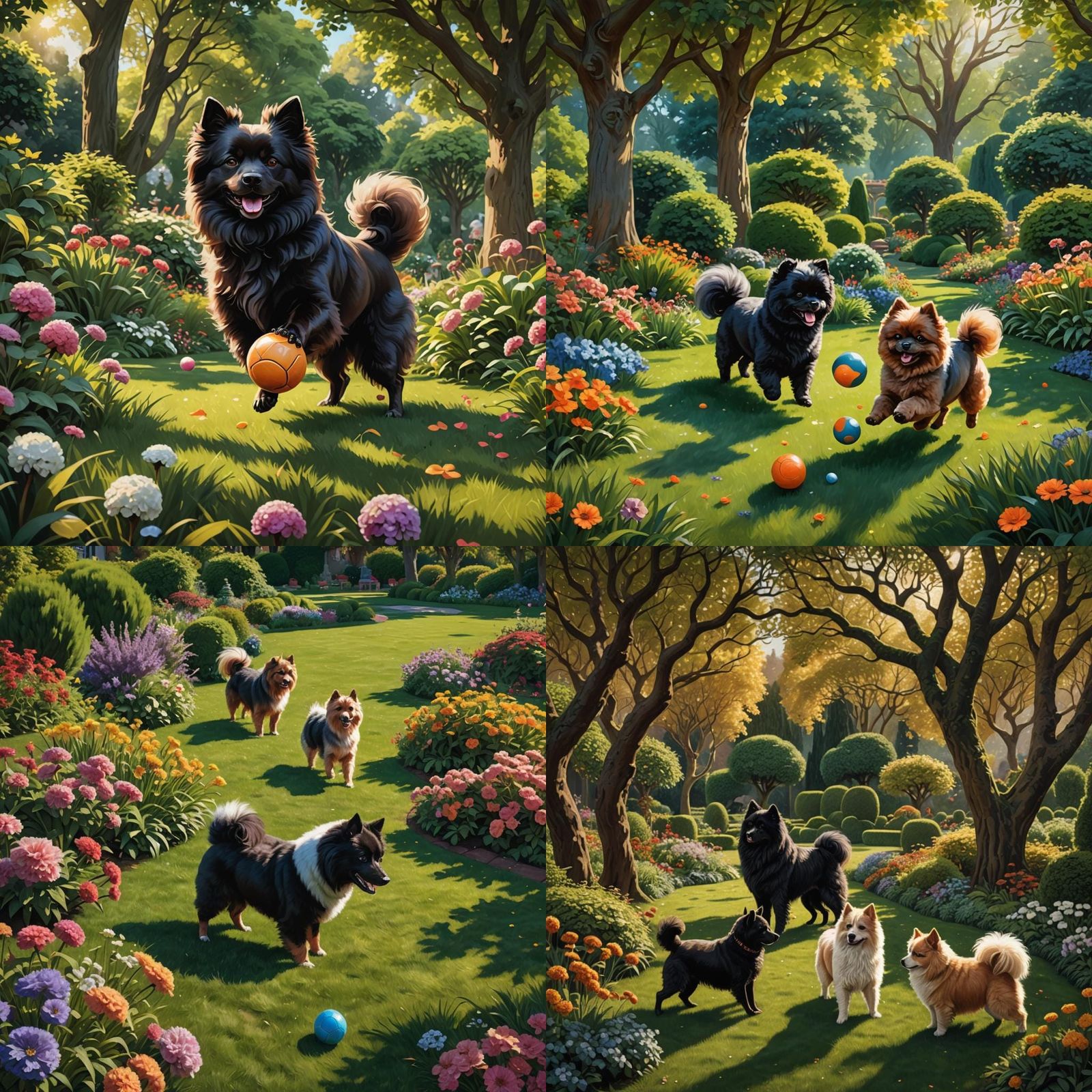 Dogs Play Ball: Detailed Fantasy Garden Art