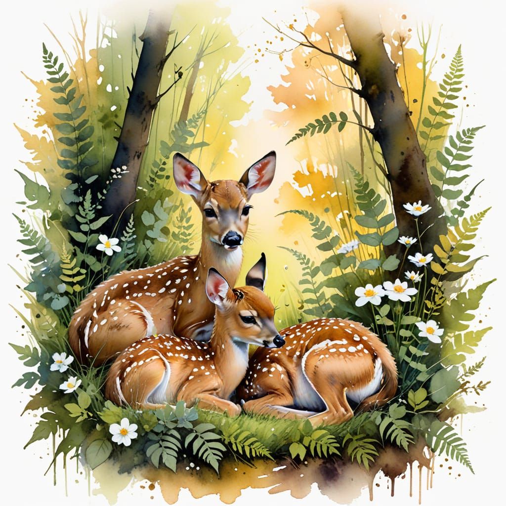 Sleepy Fawns Napping in Golden Forest Clearing