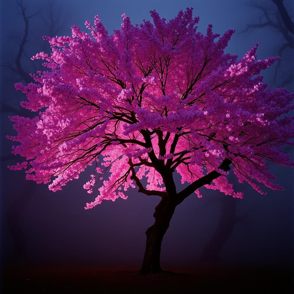 Ethereal Cherry Blossom Tree in Dark Park, Cinematic Film