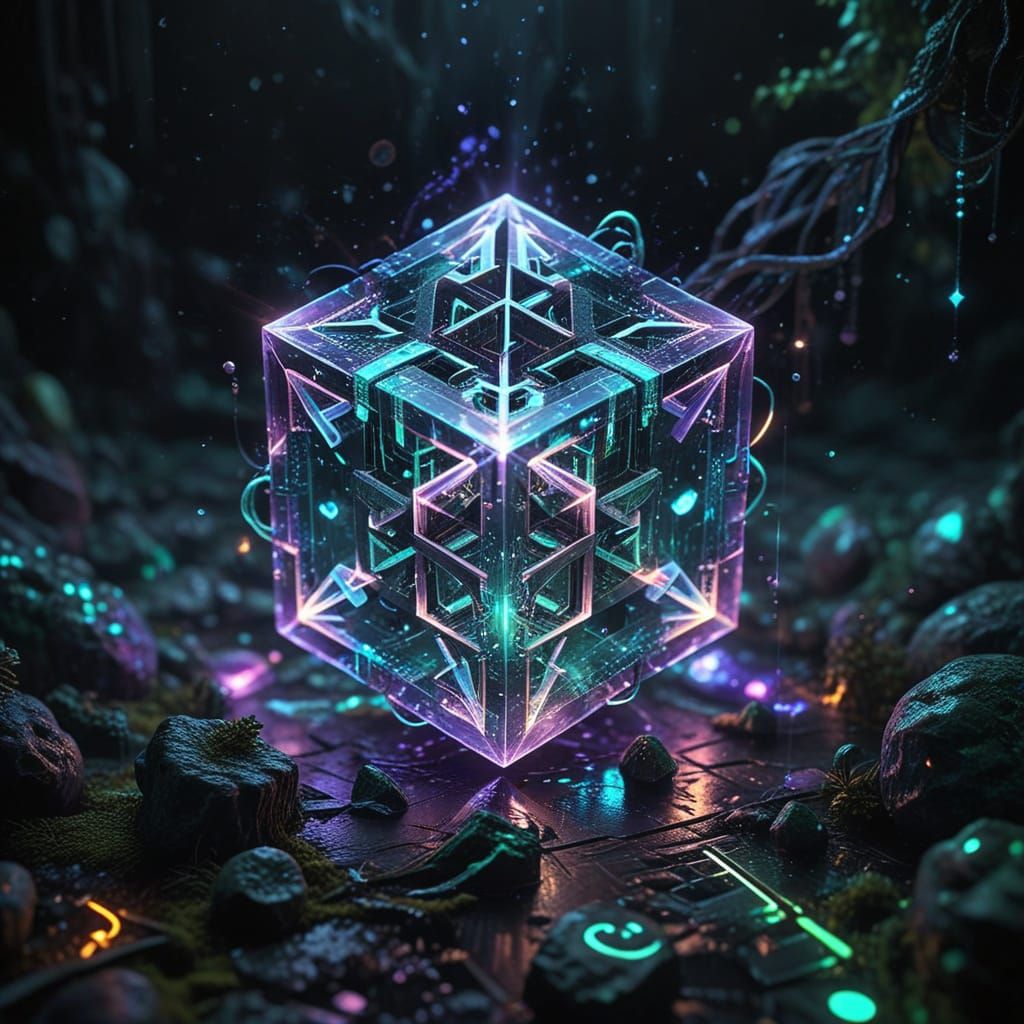 Glowing Hypercube in a Misty, Ethereal Landscape