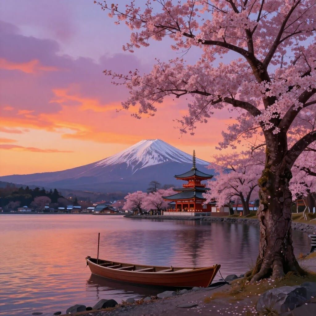 Japanese Cherry Blossom Tree at Sunset Lake with Temple and ...