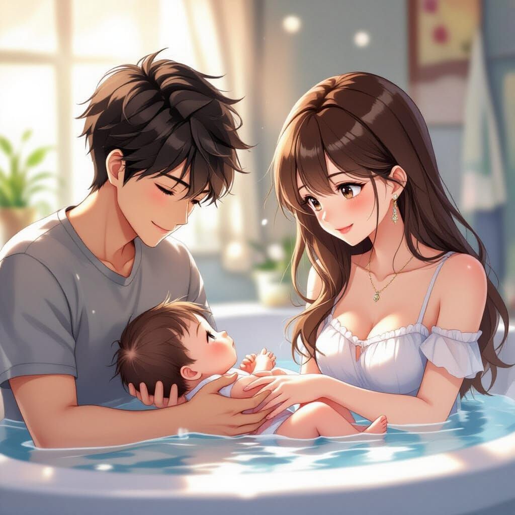 Father Bathes Baby as Mother Watches Tenderly