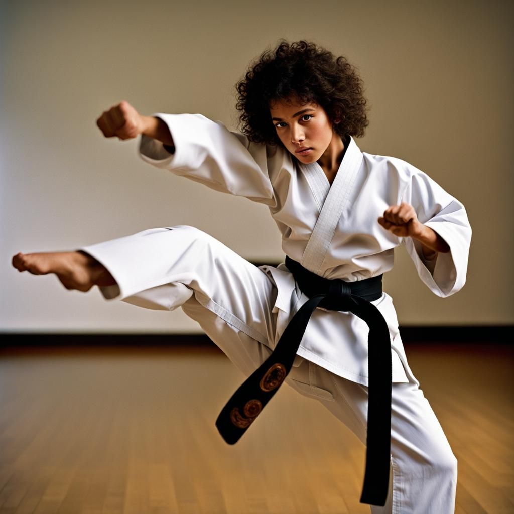Hispanic Karate Student Demonstrates Front Kick, 1970s Portr...