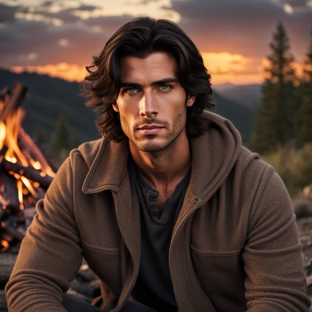 Handsome Dark-Haired Man by Campfire Portrait