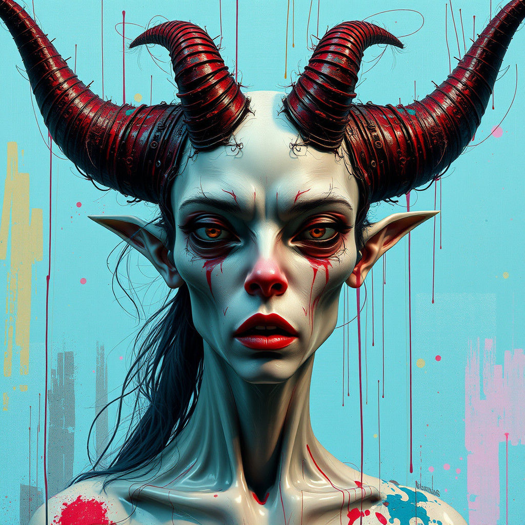 Longhorn Woman with Glitchcore Horns in Surreal Style