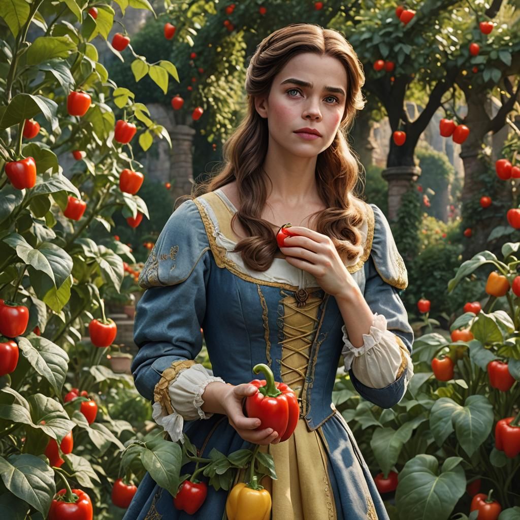 Belle in Garden Holding Bell Pepper: Photorealistic