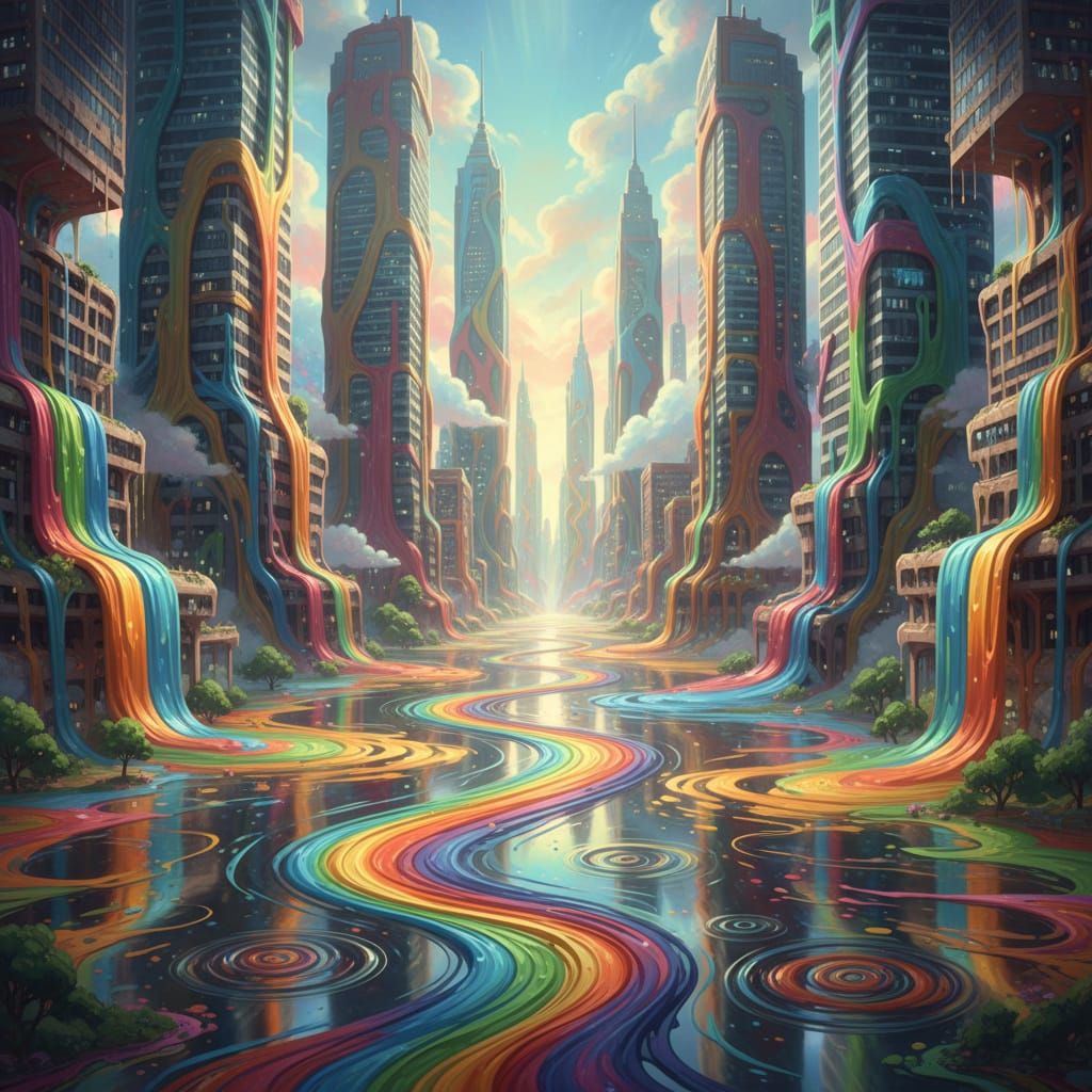 Surreal Melting Cityscape with Liquid Paint Rivers