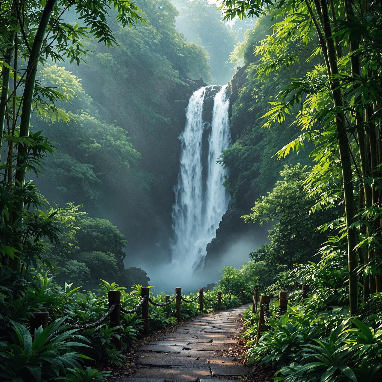 Jungle Waterfall Bird's Eye View, Digital Illustration