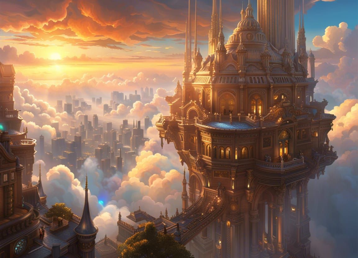 Solarpunk City in the Sky at Golden Hour