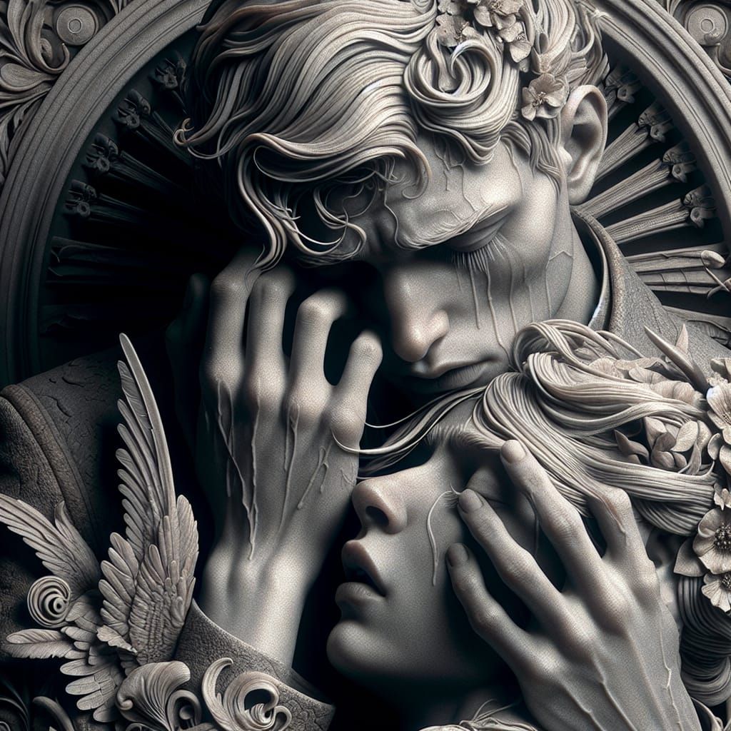 Sorrowful Embrace: Detailed Realism in Digital Art