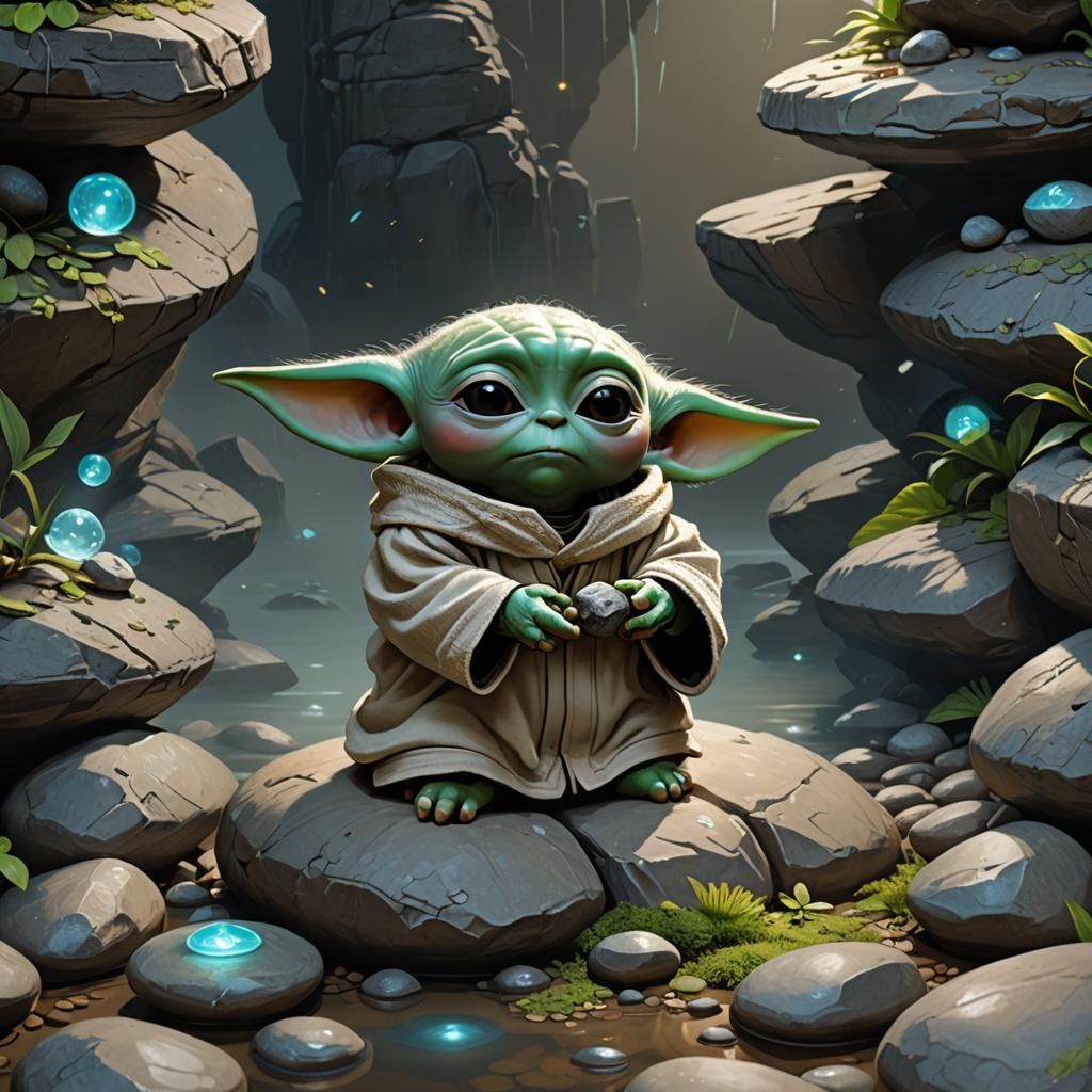 Baby Yoda Meditating in Bioluminescent Fantasy Art