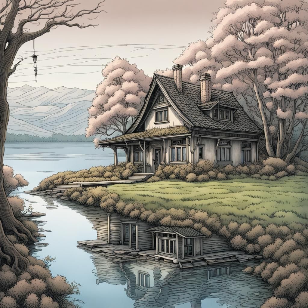 Cottage by Lake in Spring: Colorful Line Art