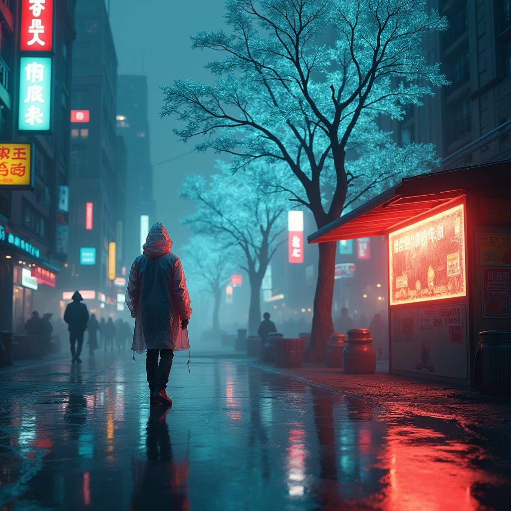 Cyberpunk Metropolis: Neon Trees and Rainy Reflections
