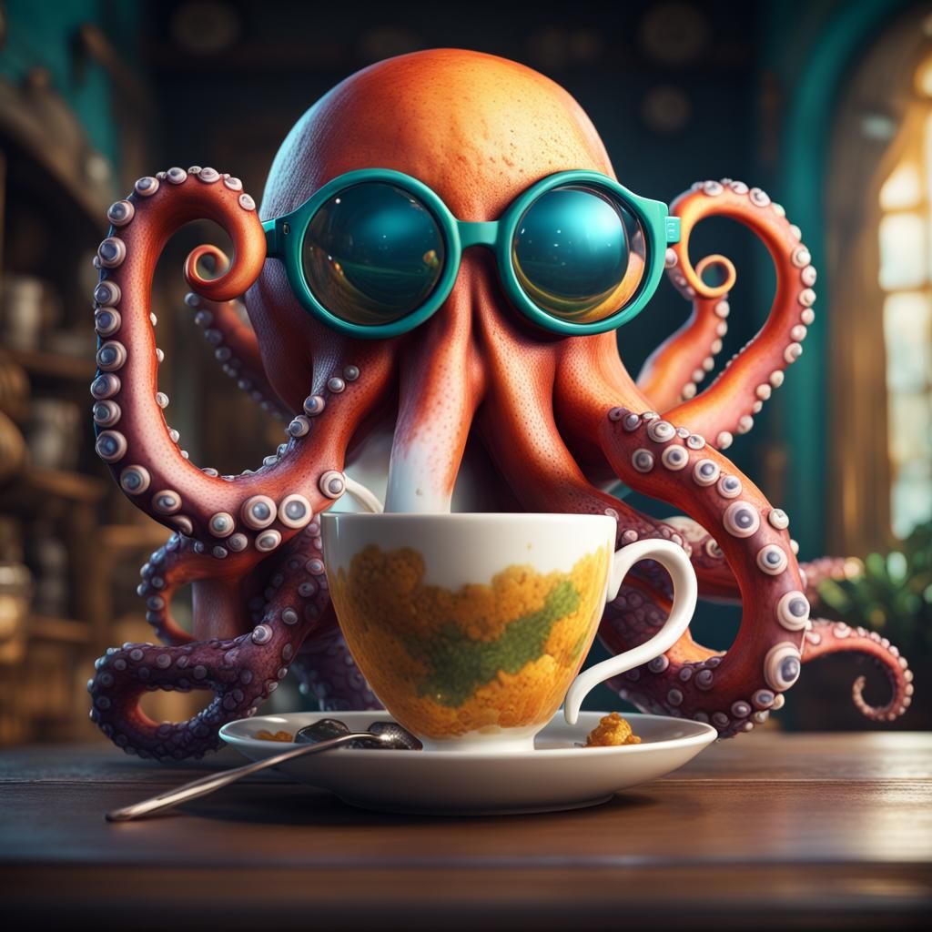 vibrant octopus wearing spectacles sipping a cup of tea with one of its tentacles