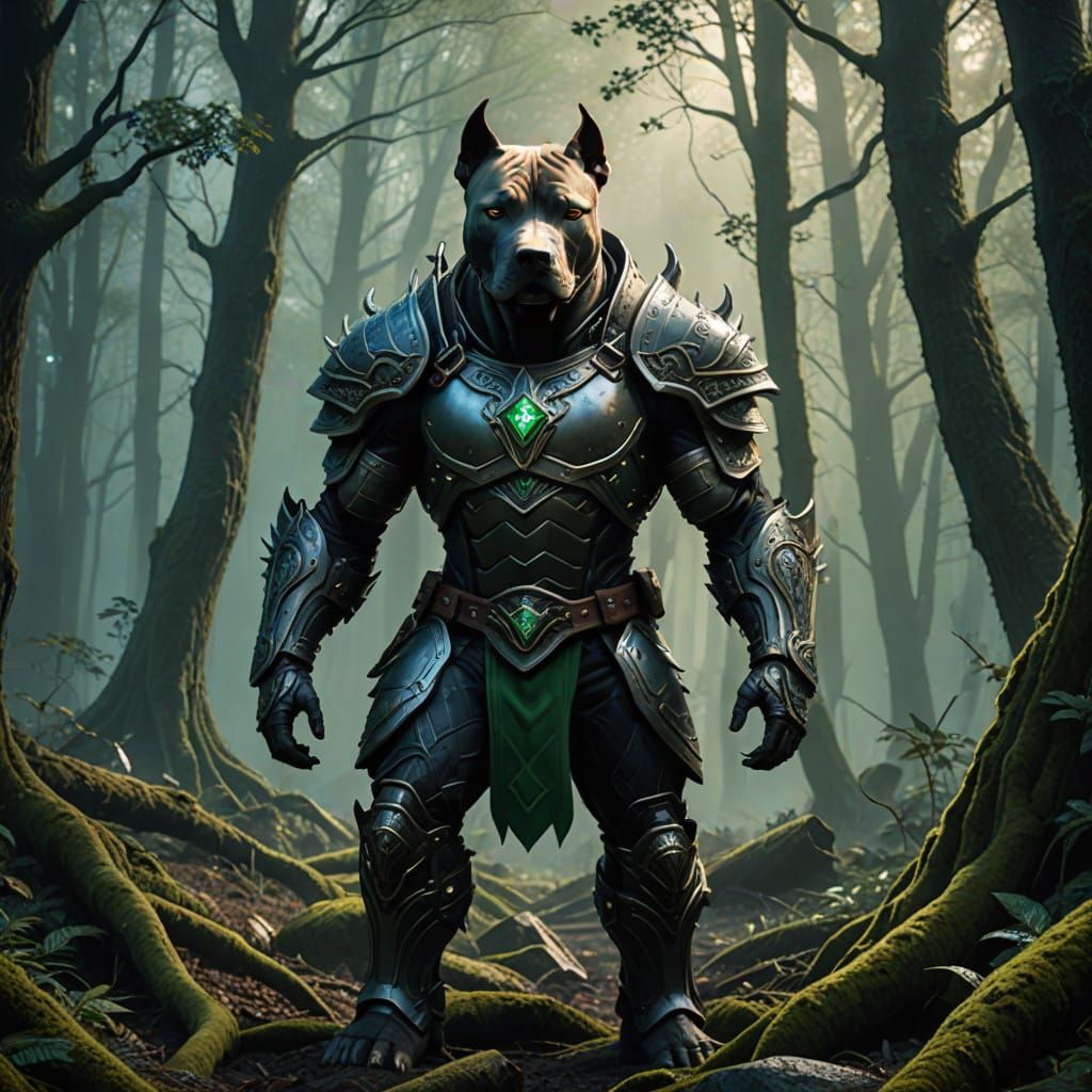 Warrior Pitbull Emerges from Mystical Forest