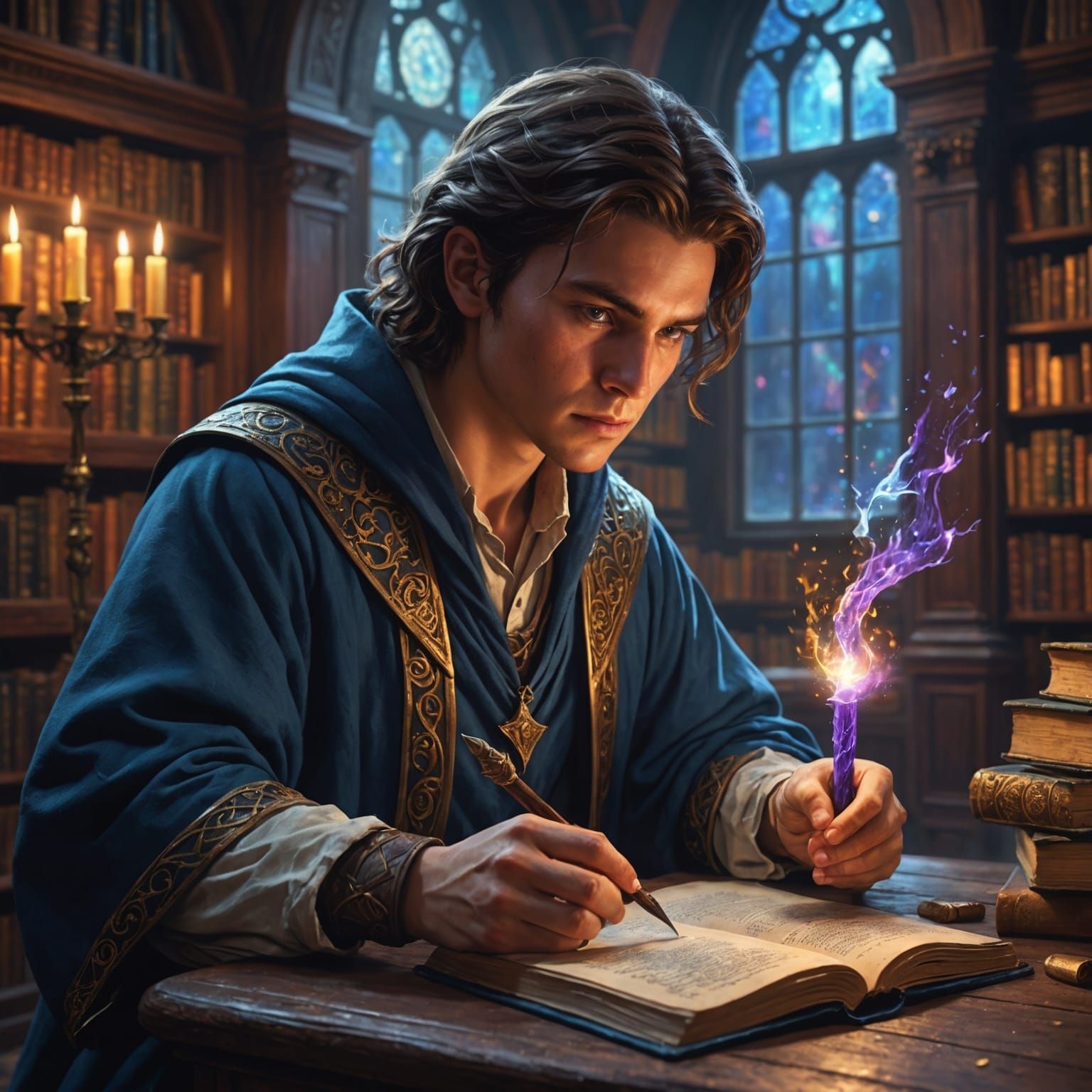 Enchanted Library: Young Mage Practicing Magic