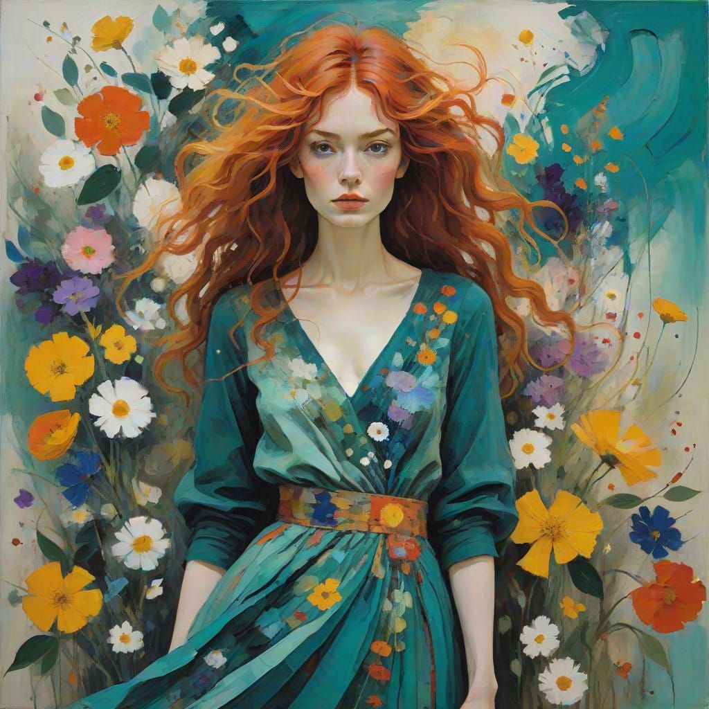 Girl in Floral Whimsy, Inspired by Klimt and Schiele