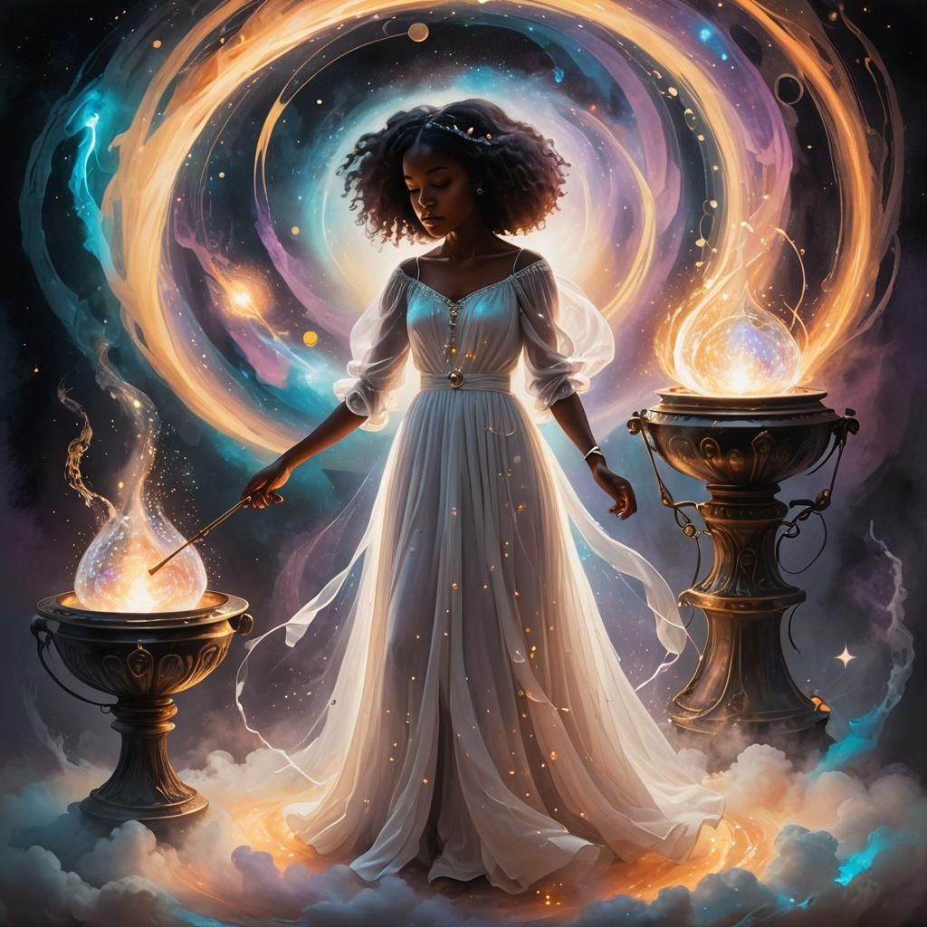 Mystical Girl Gazing into Cosmic Cauldron