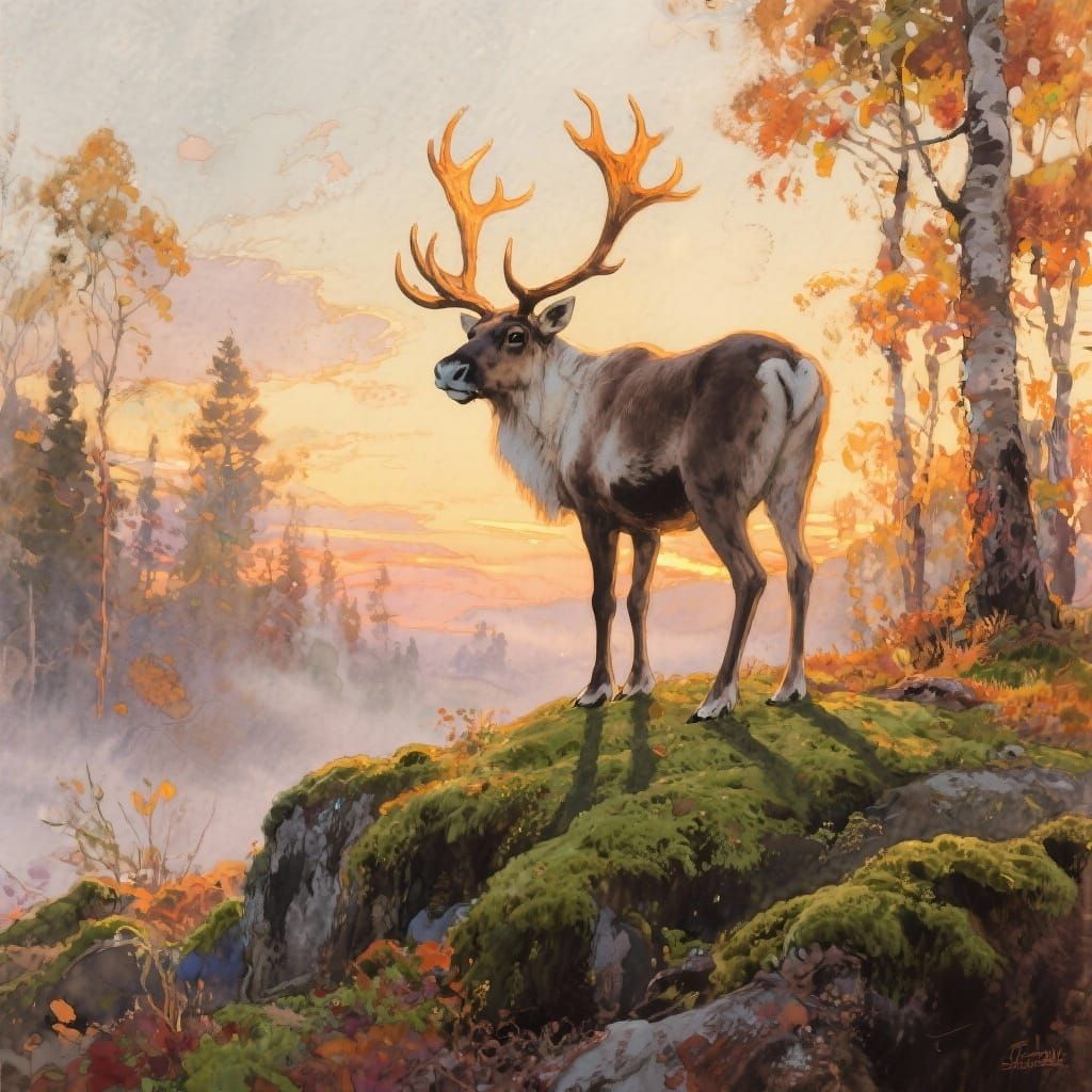 Majestic Caribou in Autumn Forest Twilight Watercolor