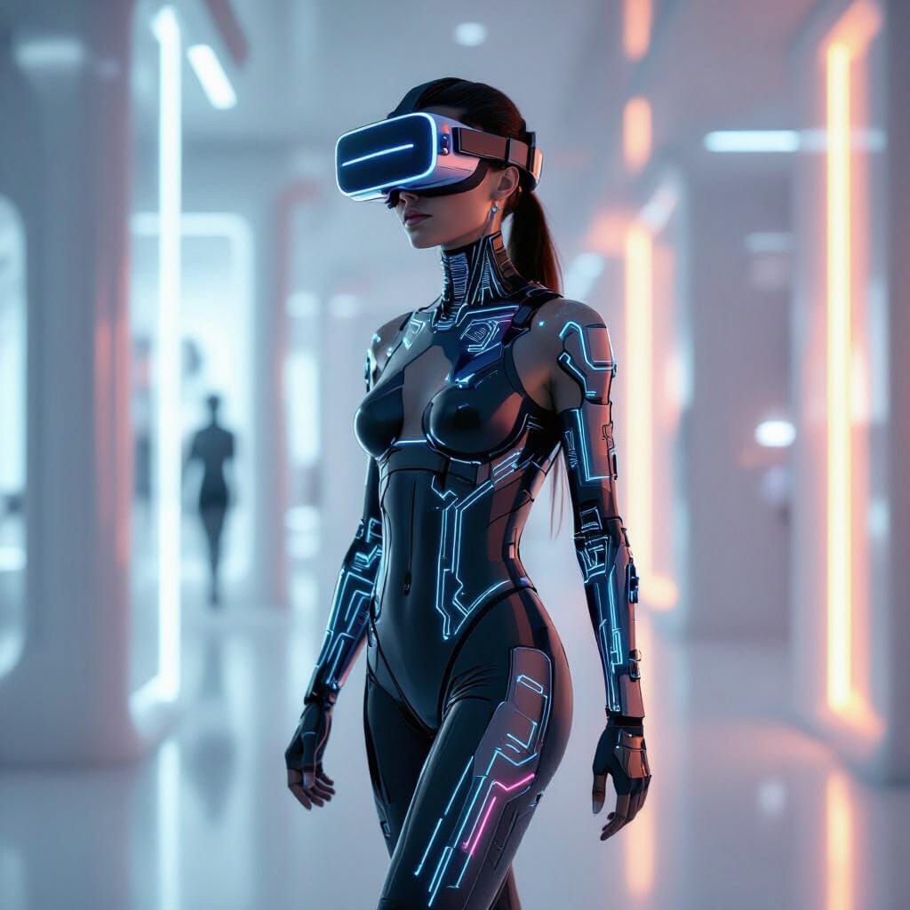 Futuristic Human with Neural Circuits and VR Glasses