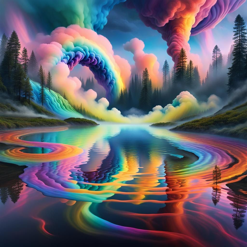Colorful Fluid Firefly Lake with Rainbow Clouds