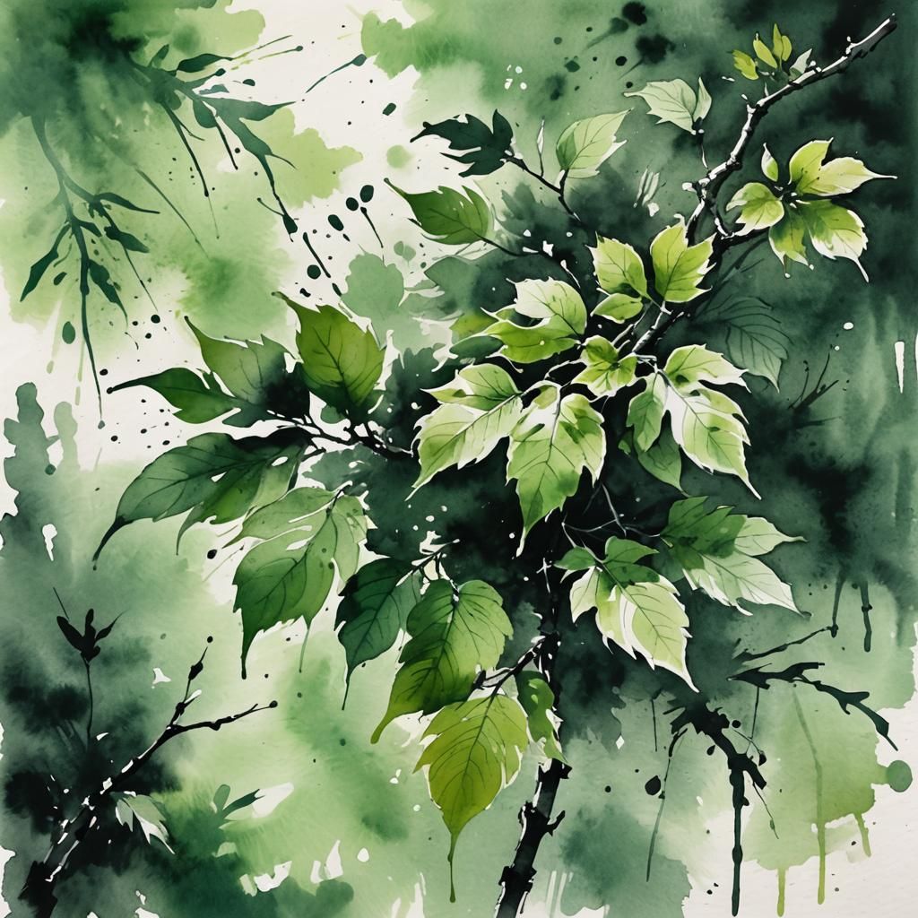 Ink Wash Drawing of Leaves on Watercolor Paper