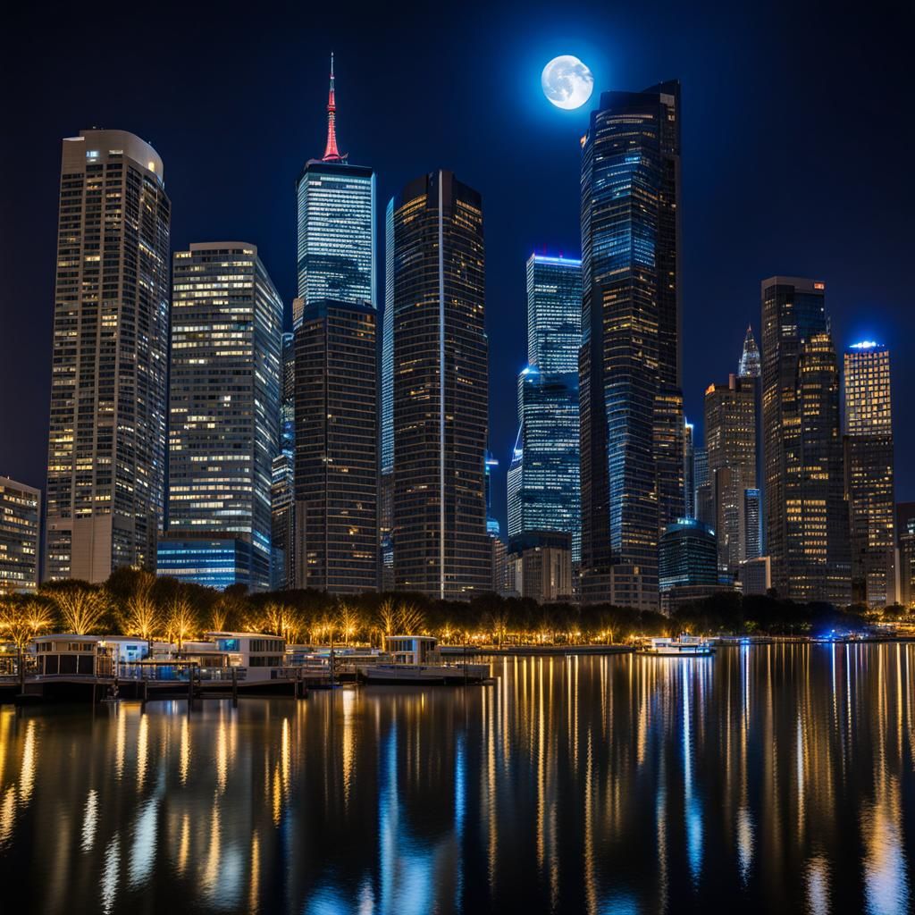 Illuminated Cityscape with Skyscrapers and Full Moon