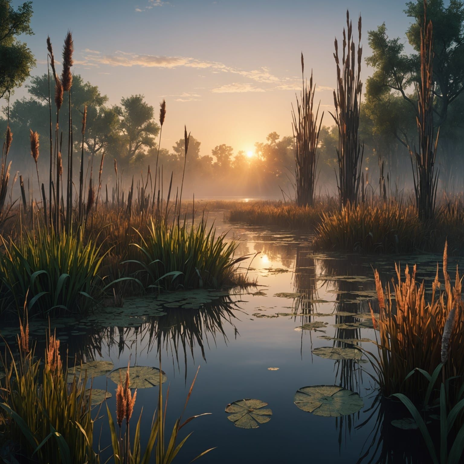 Hazy Swamp Sunrise: Detailed Matte Painting
