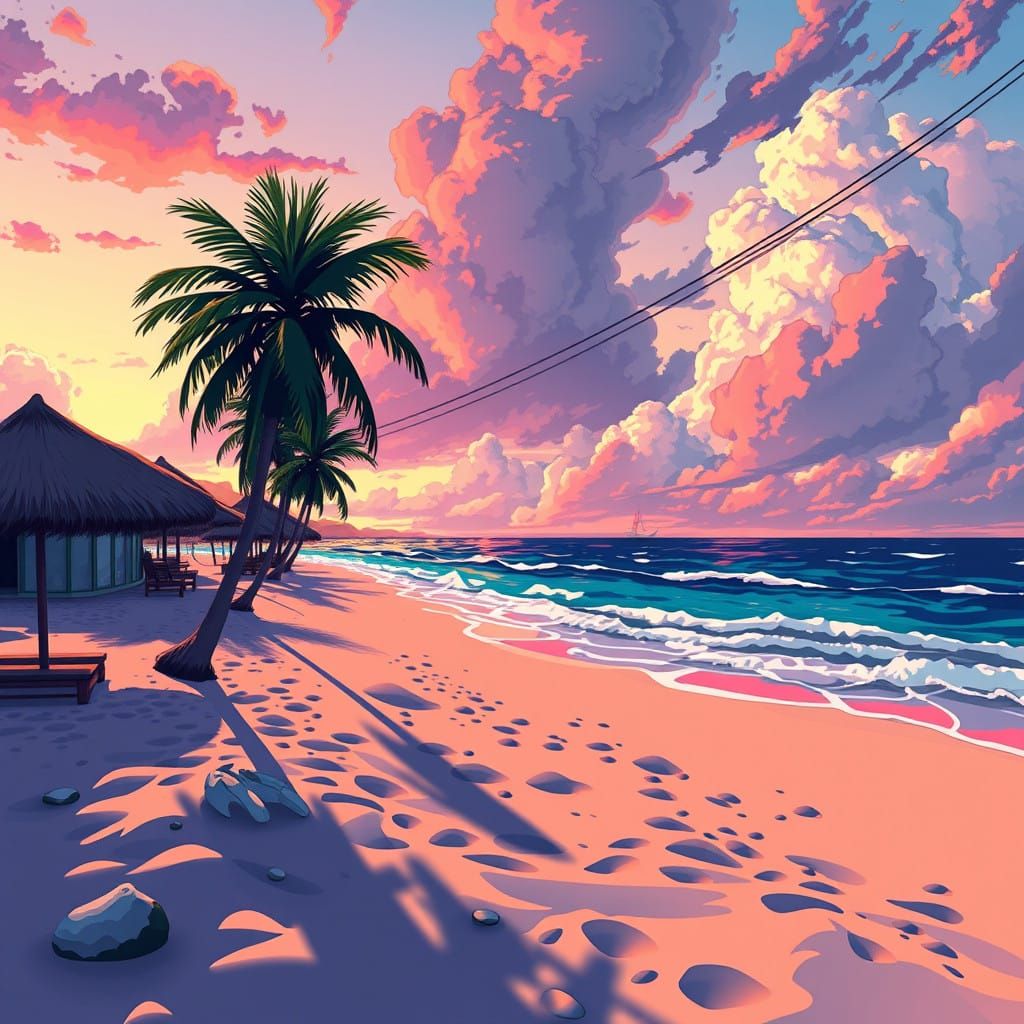 Cyberpunk Beach Scene with Cel-Shaded Textures