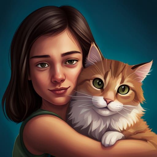 Girl Hugging Cat: Detailed Digital Art Portrait