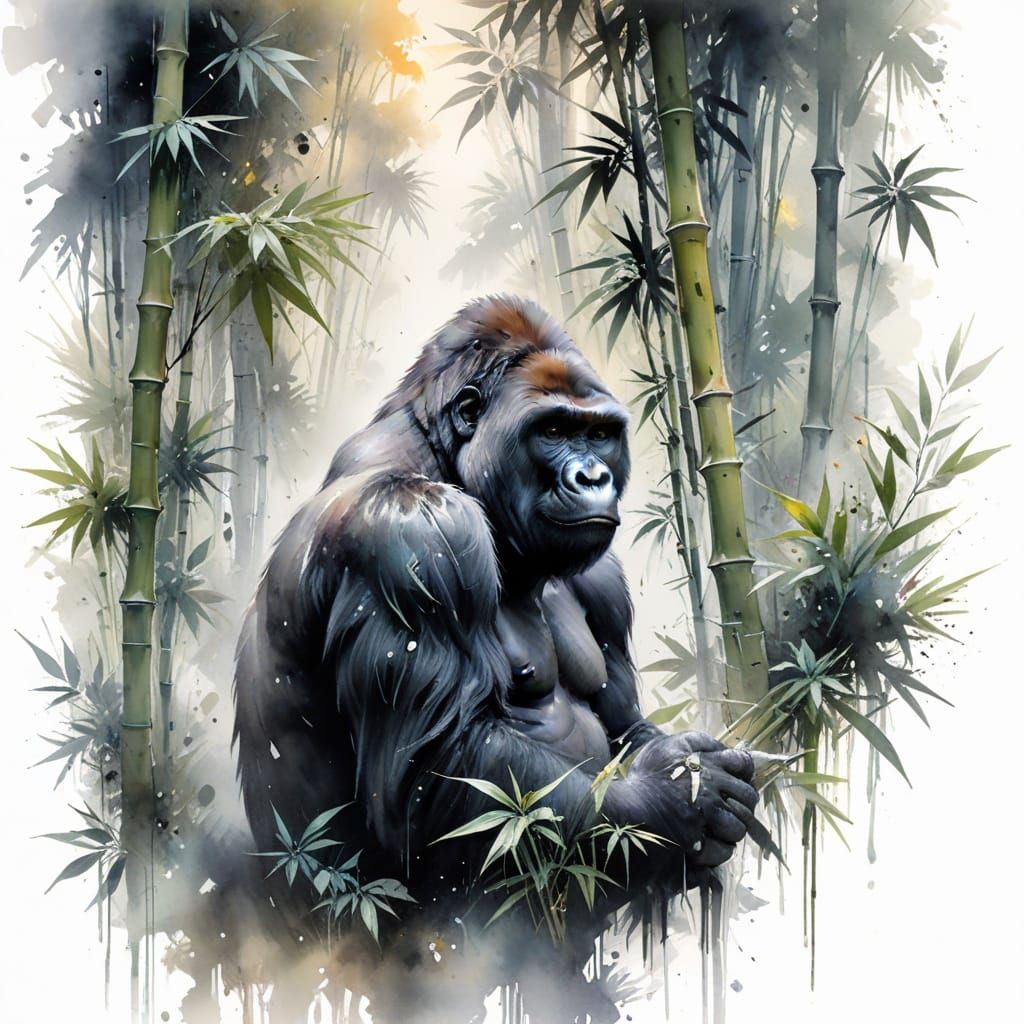 Misty Mountain Forest Dawn with Majestic Silverback Gorilla