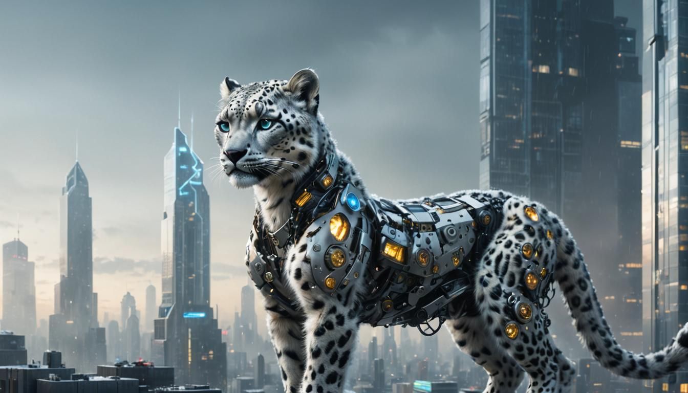 Snow Leopard Cyborg Cub in Futuristic Cityscape
