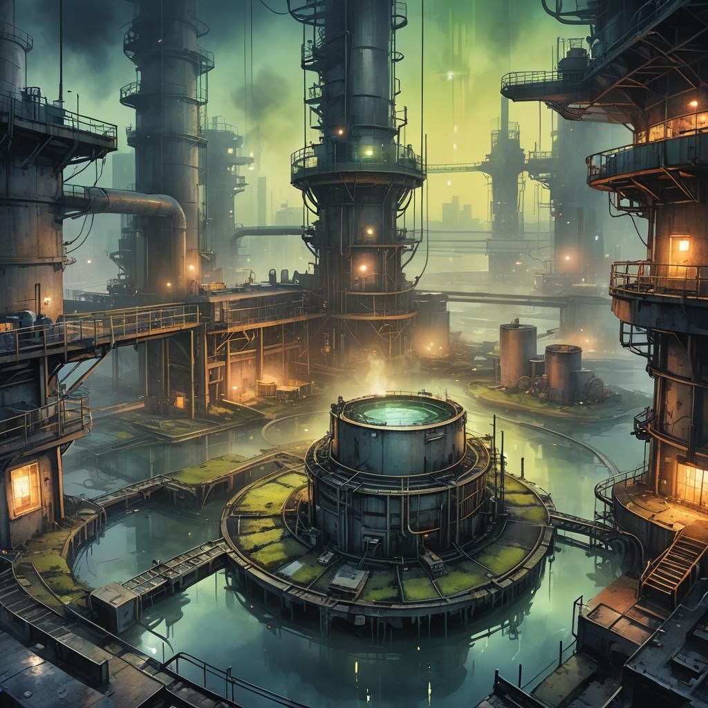 Post-Apocalyptic Island Wastewater Plant in Watercolor