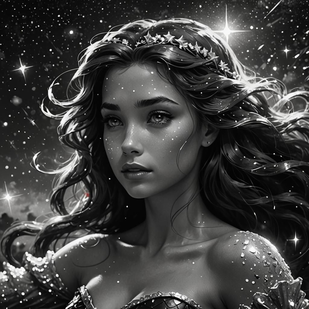 Magical Mermaid in Starry Night, Detailed Illustration