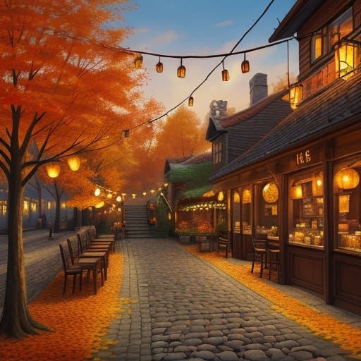 Whimsical Autumn Coffee Shop Scene in Oil Painting Style