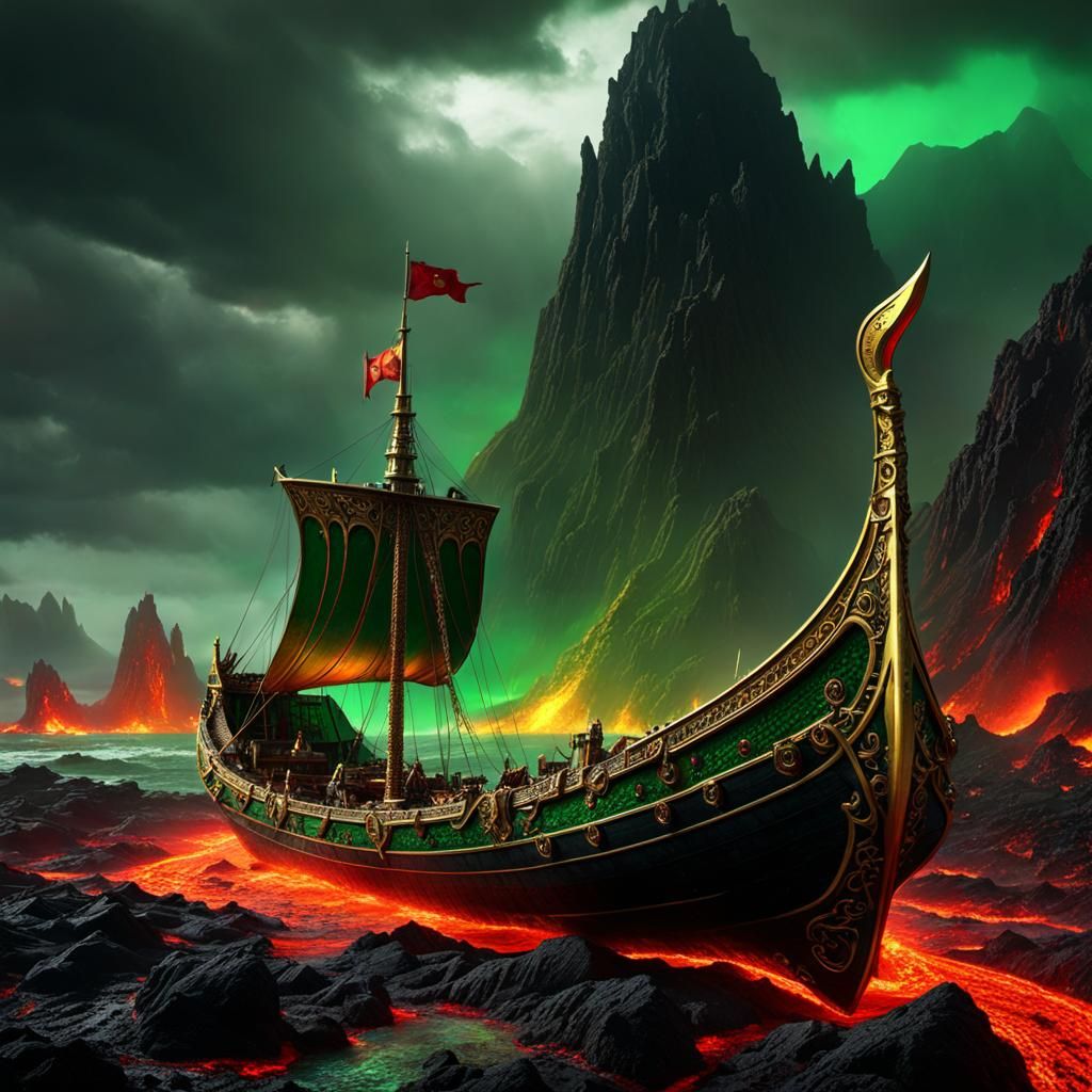 Viking longship on lava
