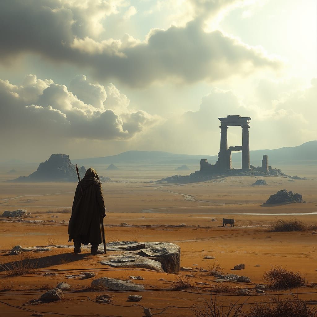 Desolate Landscape with Lone Figure and Ancient Ruins