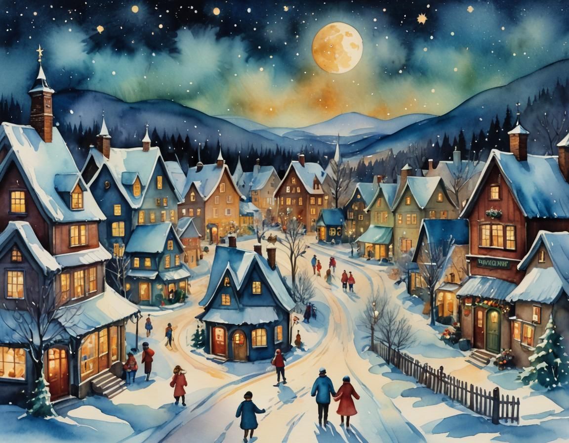 Cozy Christmas Village in Watercolor Style