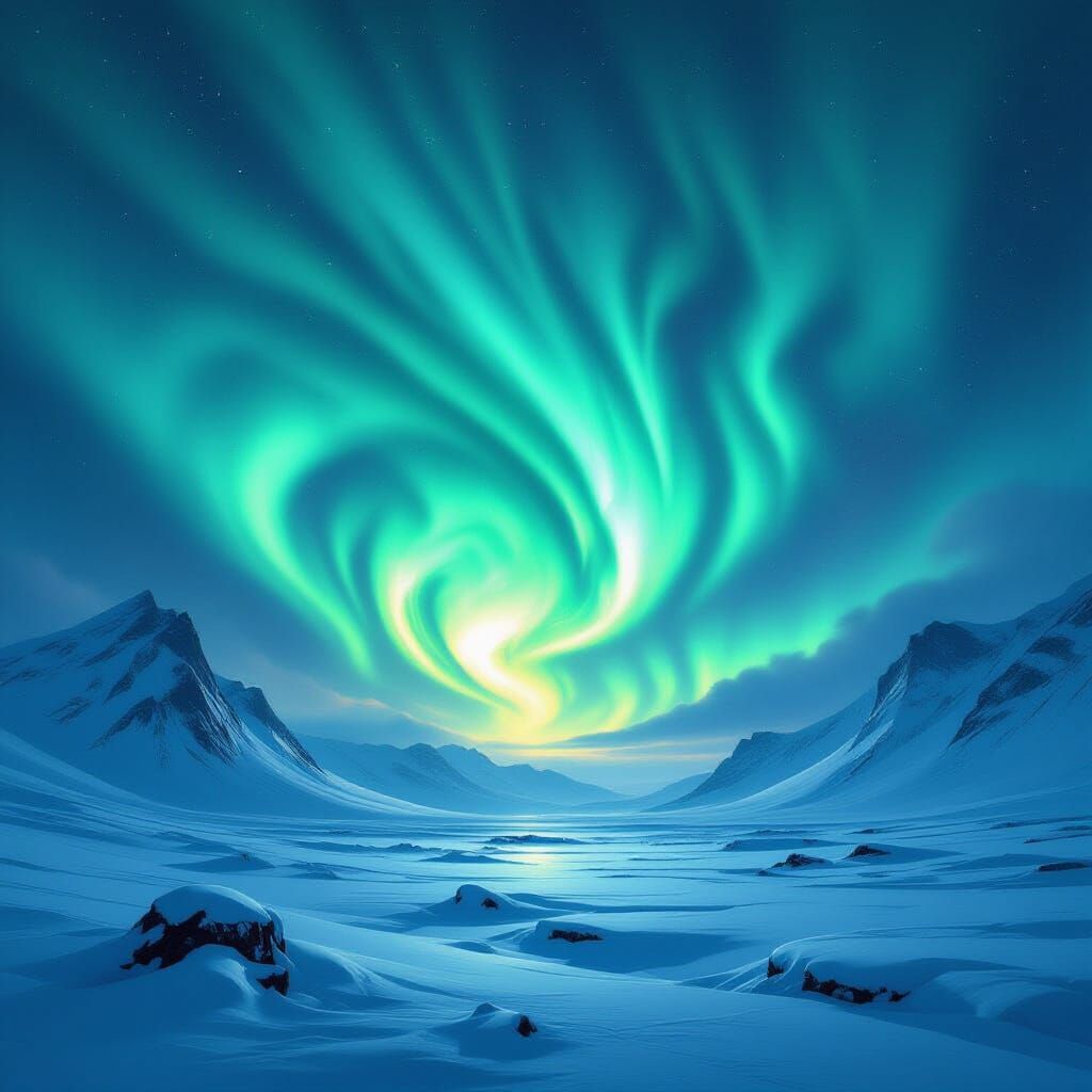 Emerald Violet Aurora Over Desolate Peaks