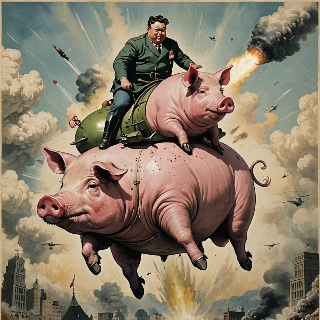 Pig Rides Atomic Bomb: A Surreal Image