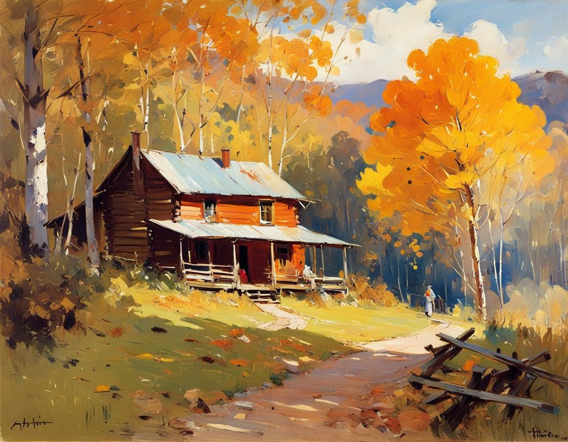 Picturesque Autumn Cabin as Impressionist Painting