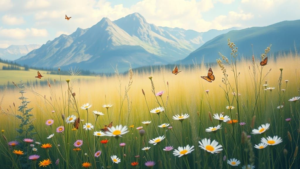 Dreamlike Landscape with Majestic Mountains and Wildflowers