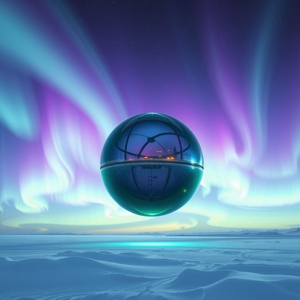Green Orb Over Arctic Aurora, Futuristic Style