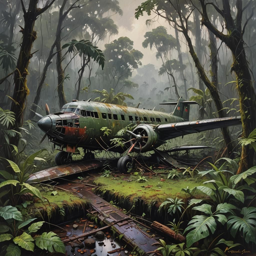 Crashed Airplane in Jungle, Oil Painting