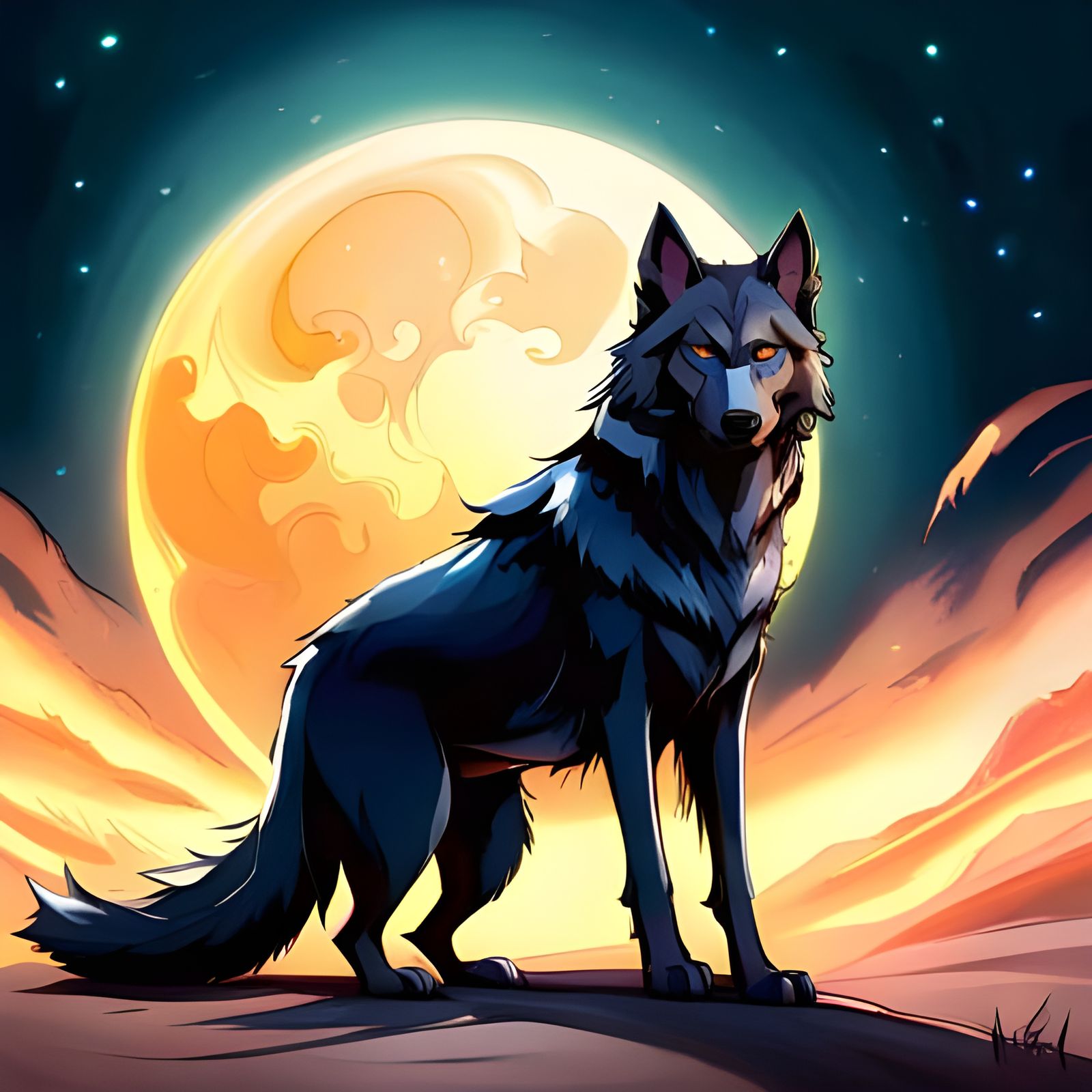 Dramatic Portrait of a Black Wolf in Fantasy Style