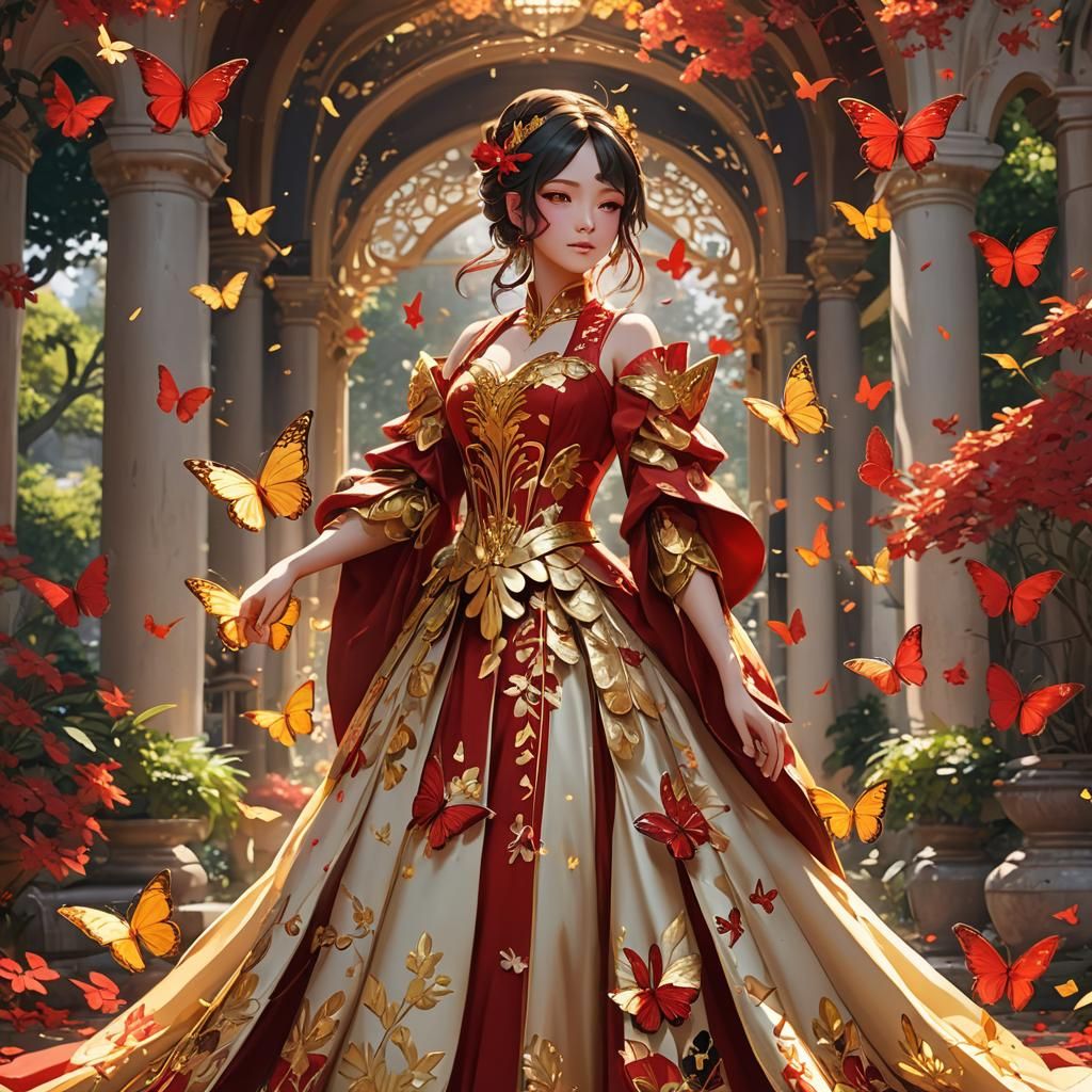 Scarlet in Gold Gown: Anime-Inspired Palace Garden