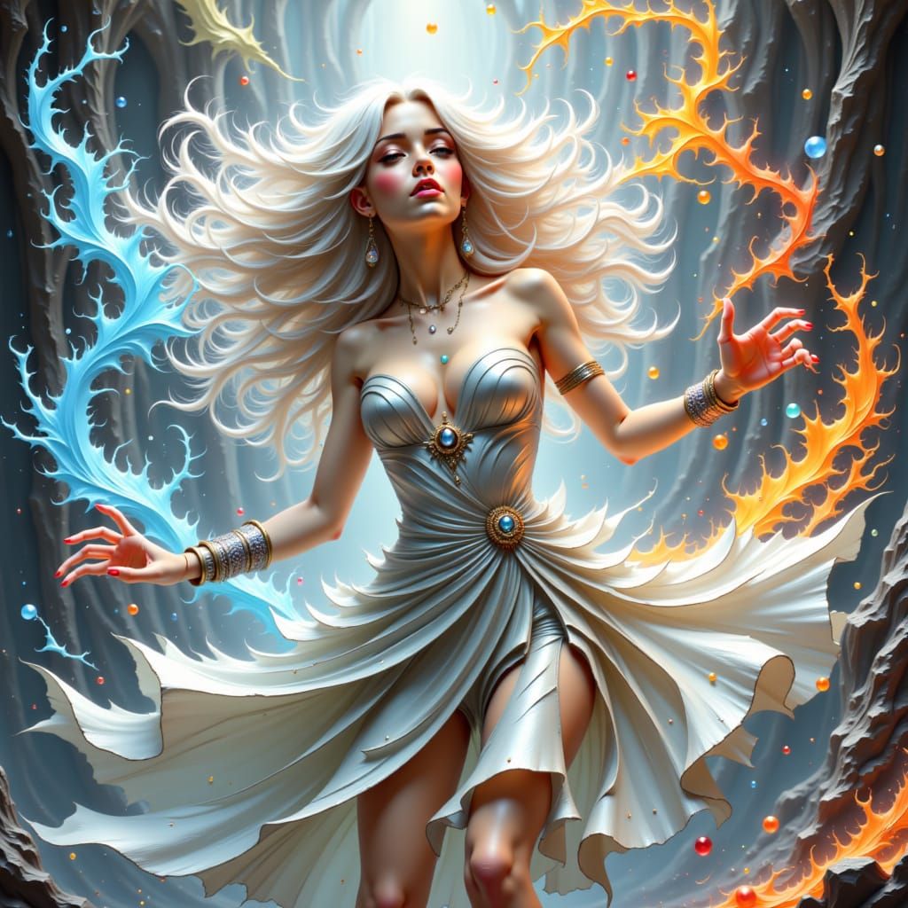 Platinum Woman Playing with Elements in Whimsical Style