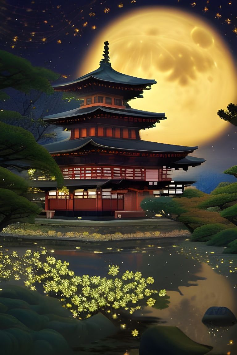 Cyberpunk Japanese Temple Under Moonlit Sky