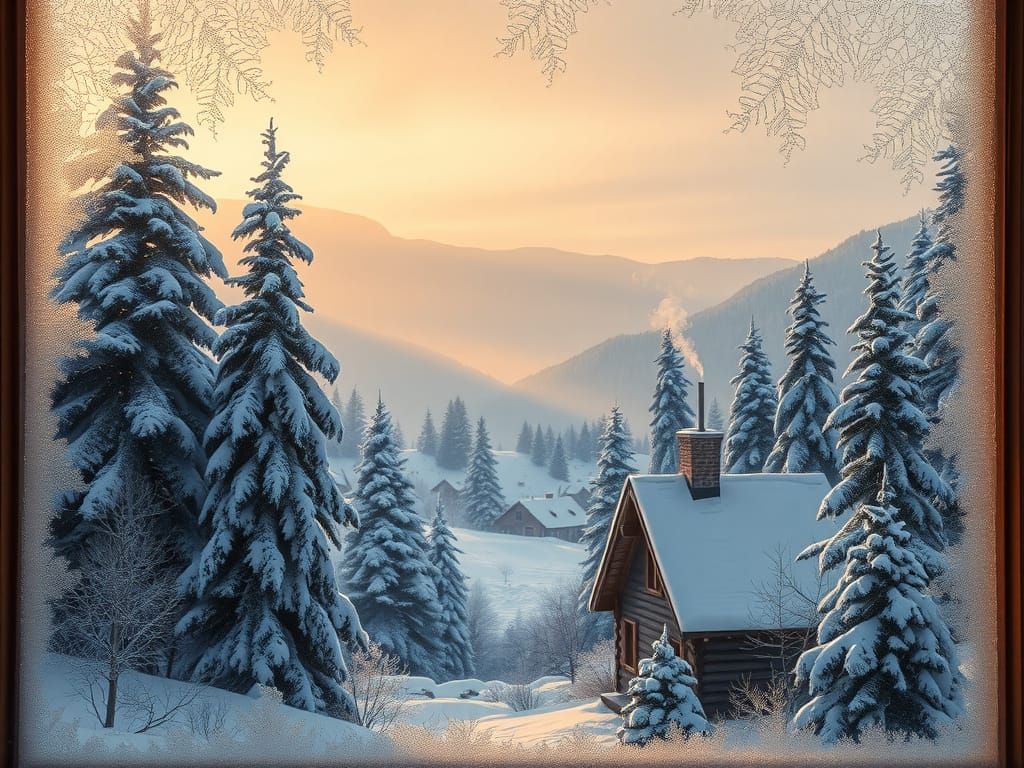 Serene Winter Village in Soft, Golden Light