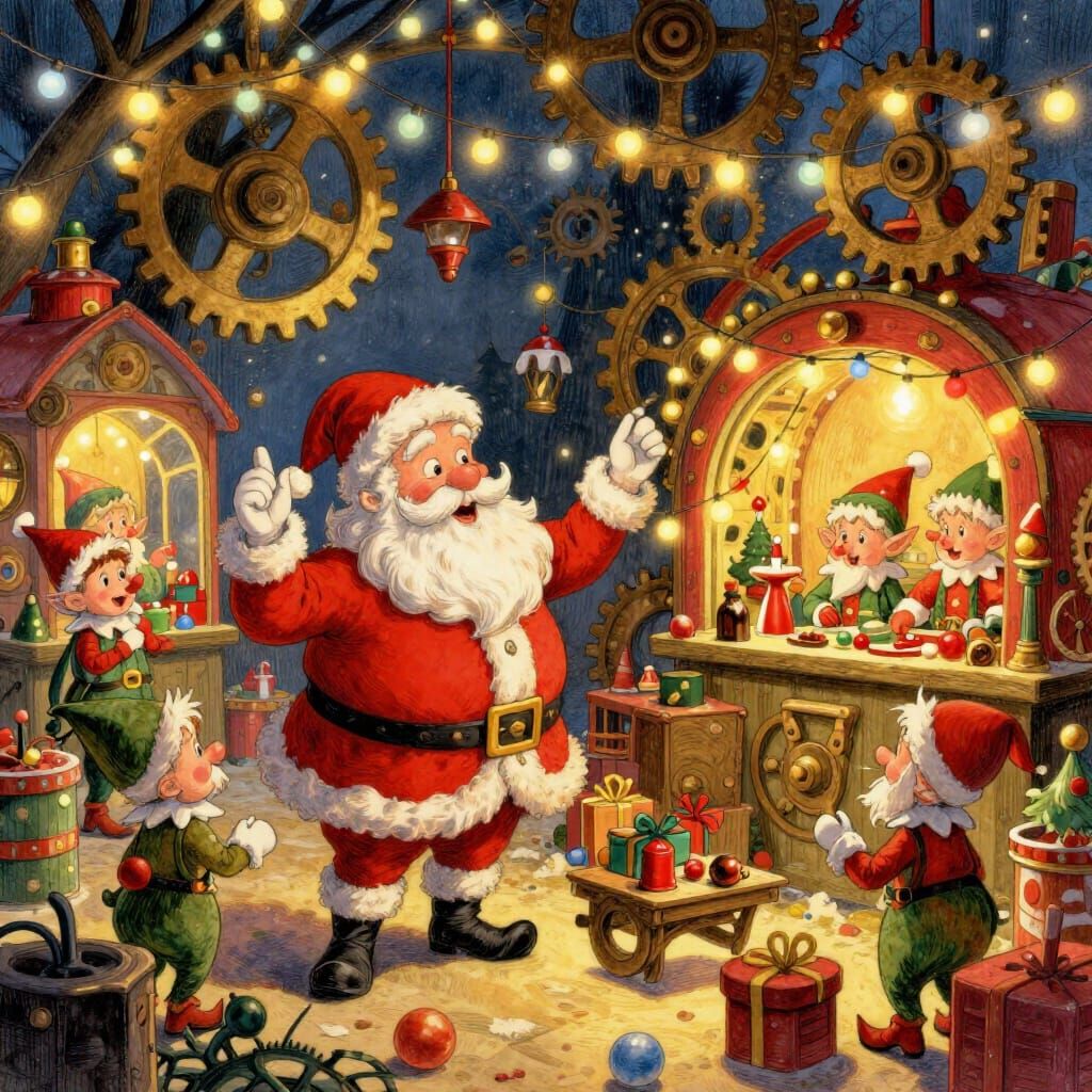 Whimsical Santa's Toy Factory Illustration